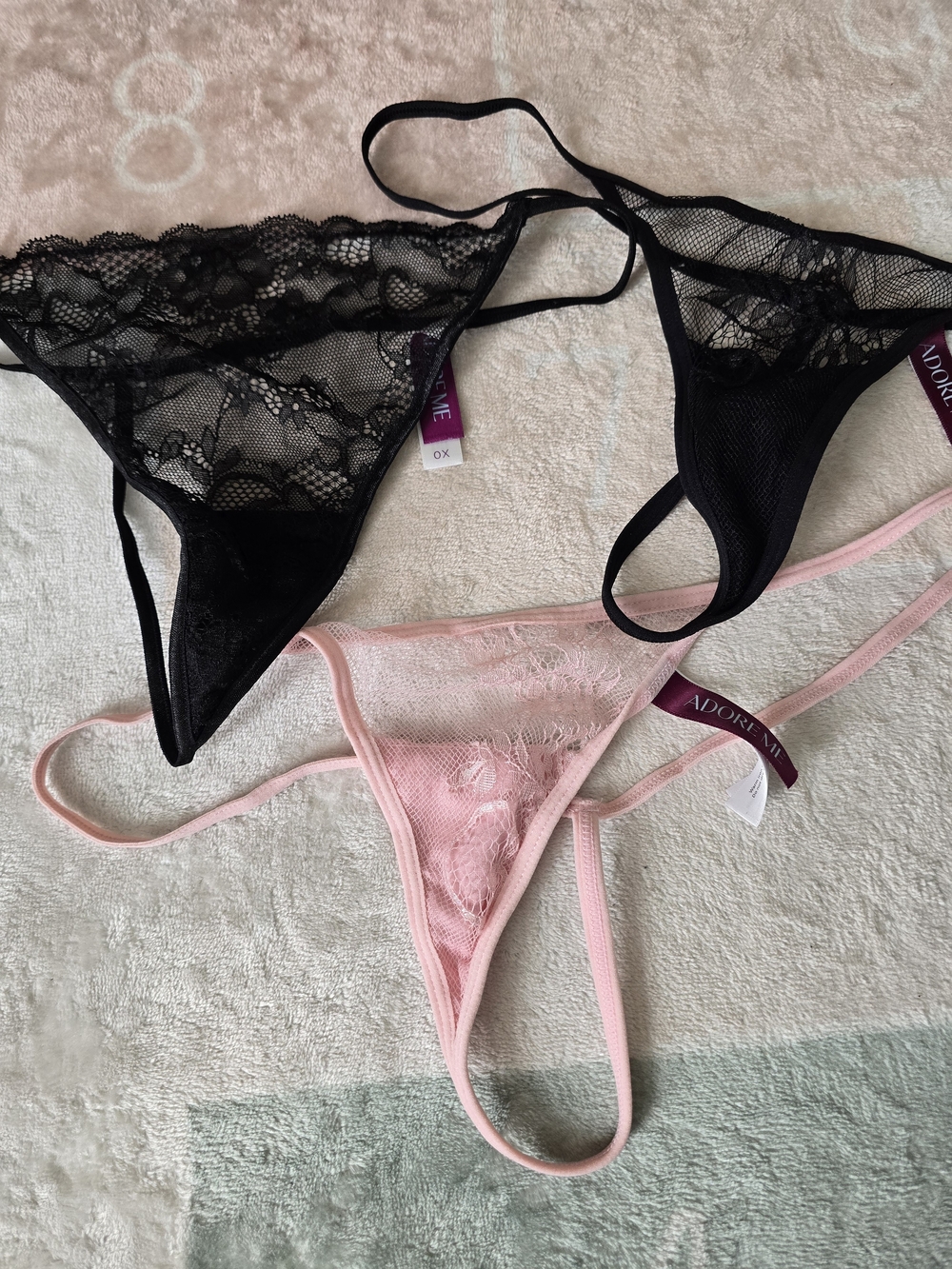 Adore Me Lace & Mesh Thong Set in Black and Light Pink Lot